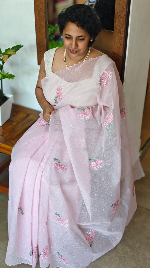 Light Pink Linen Chanderi Embroidered Saree - RL34