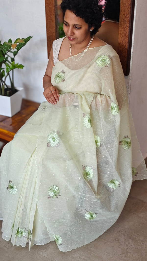 Pastel Green Linen Chanderi Embroidered Saree - RL34