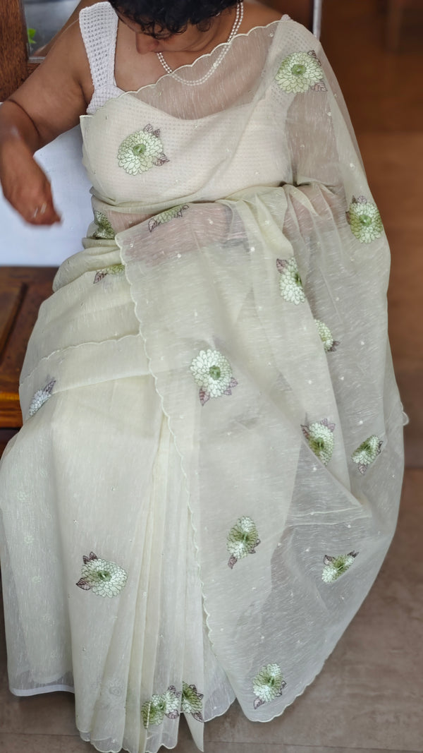 Pastel Green Linen Chanderi Embroidered Saree - RL34