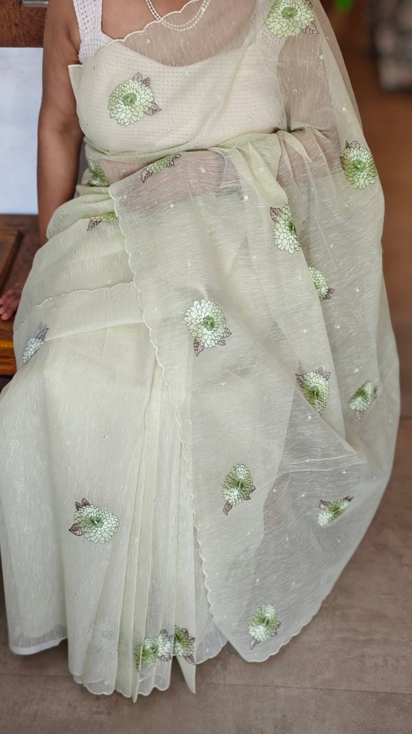 Pastel Green Linen Chanderi Embroidered Saree - RL34