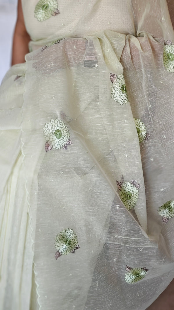 Pastel Green Linen Chanderi Embroidered Saree - RL34