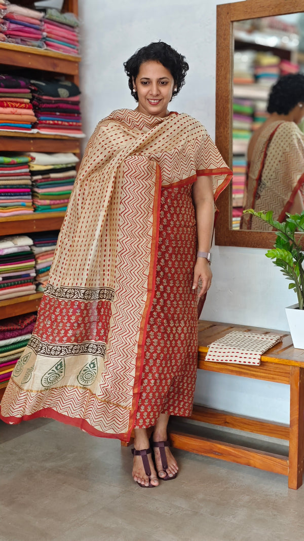 Brick Red and Cream Chanderi Silk Suit - MC059