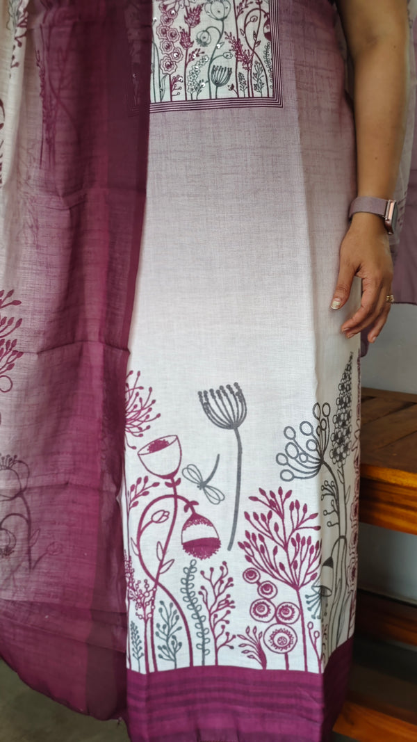 Cream and Orchid Purple Printed Linen Suit