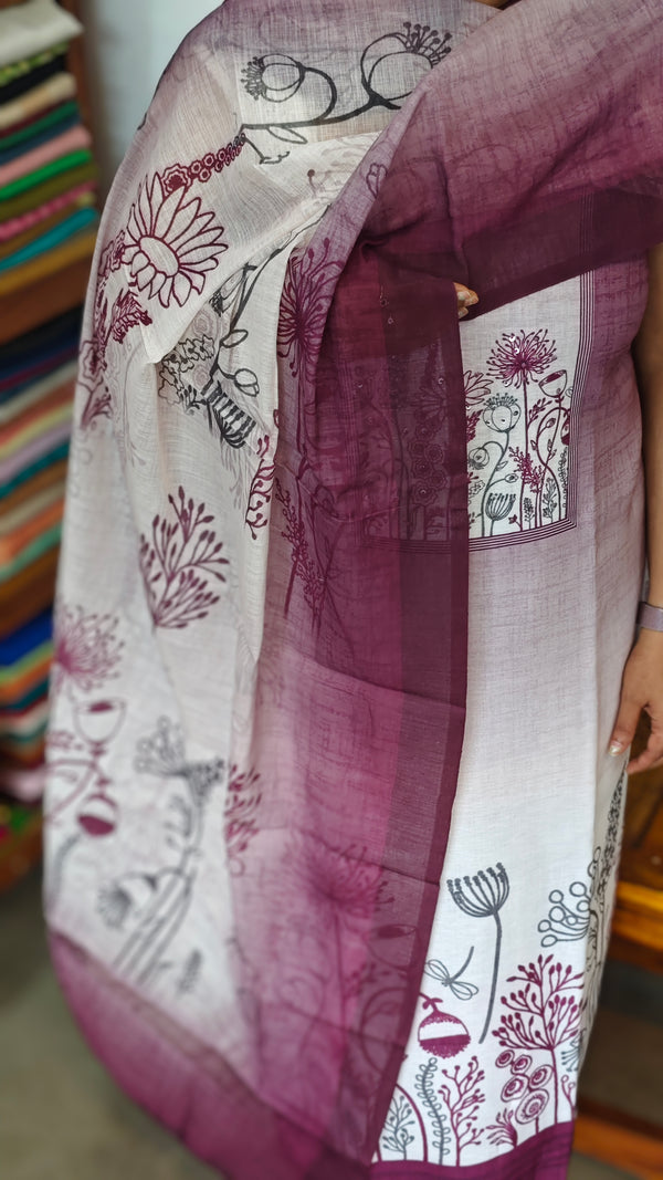 Cream and Orchid Purple Printed Linen Suit