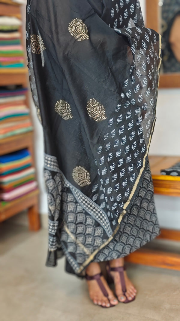 Black Block Printed Chanderi Silk Suit - MC059