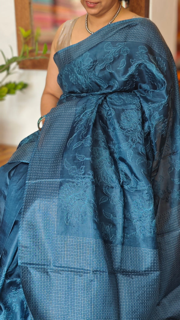 Azure Blue Embroidered Silk Saree - 733C
