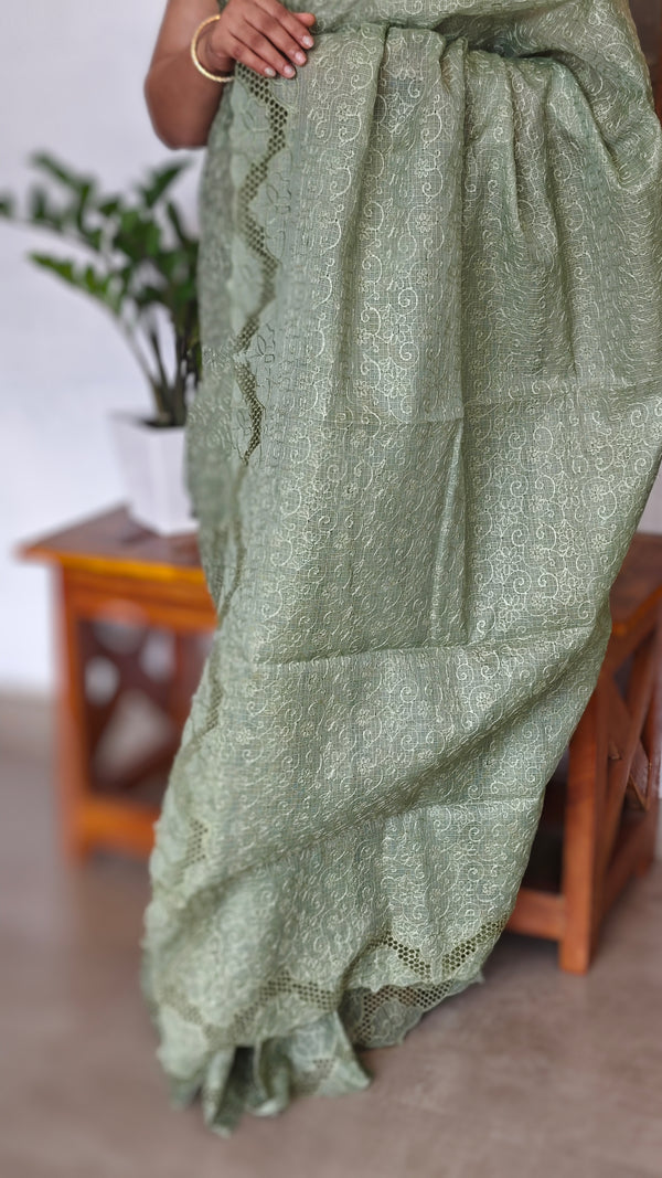 Seafoam Green Cutwork Tepchi Kota Saree