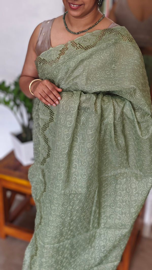 Seafoam Green Cutwork Tepchi Kota Saree