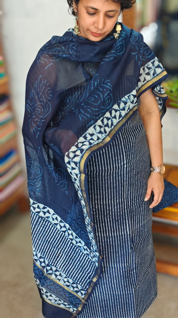 Indigo and off white chanderi silk suit - MC059