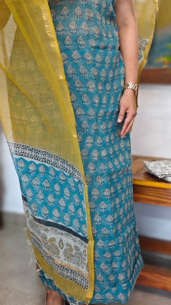 Teal and lime green kota doria suit - GD331