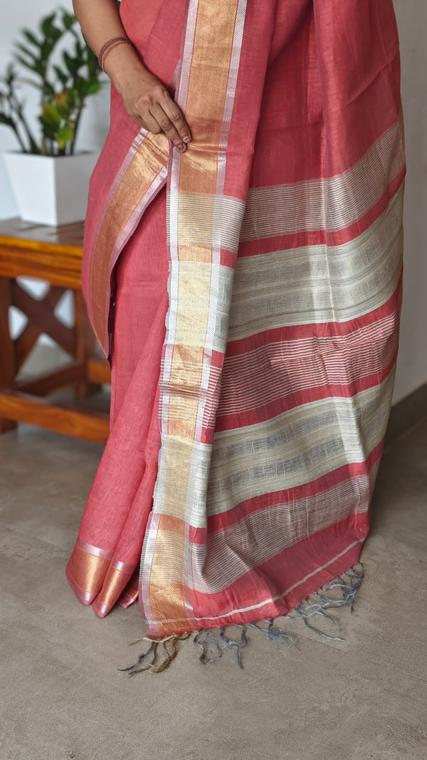 Burnt Peach Linen Silk Saree - DR42