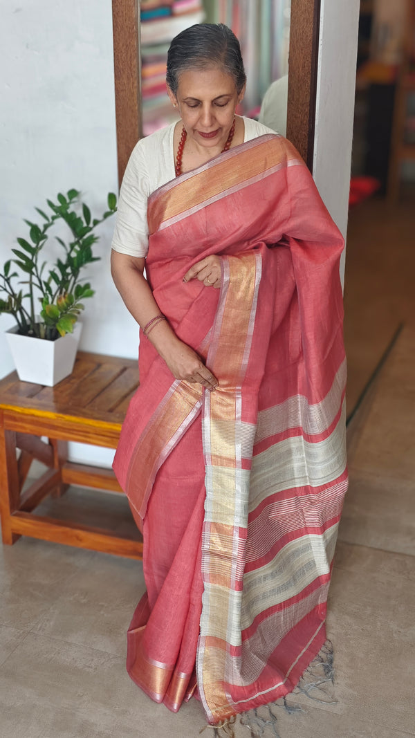 Burnt Peach Linen Silk Saree - DR42