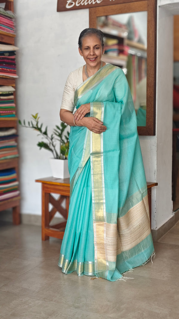 Mint Green Linen Silk Saree - DR42