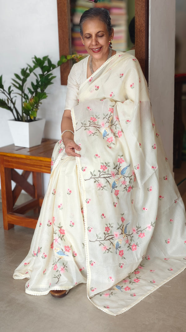 Cream Silky kota Cross Stitch Embroidered Saree - SKC5