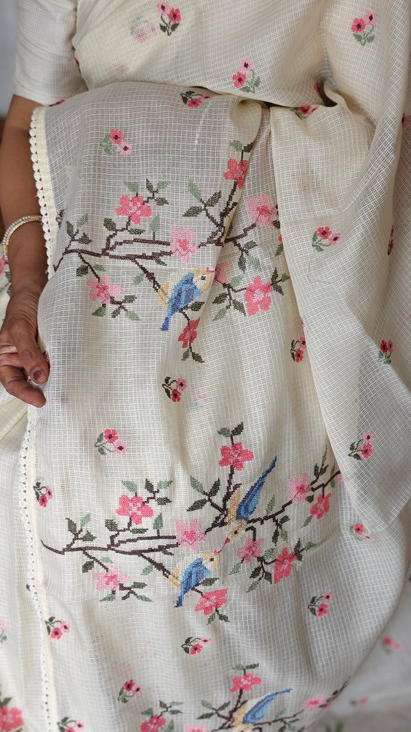 Cream Silky kota Cross Stitch Embroidered Saree - SKC5