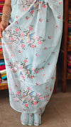 Aqua Blue Silky Kota Cross Stitch Embroidered Saree - SKC5