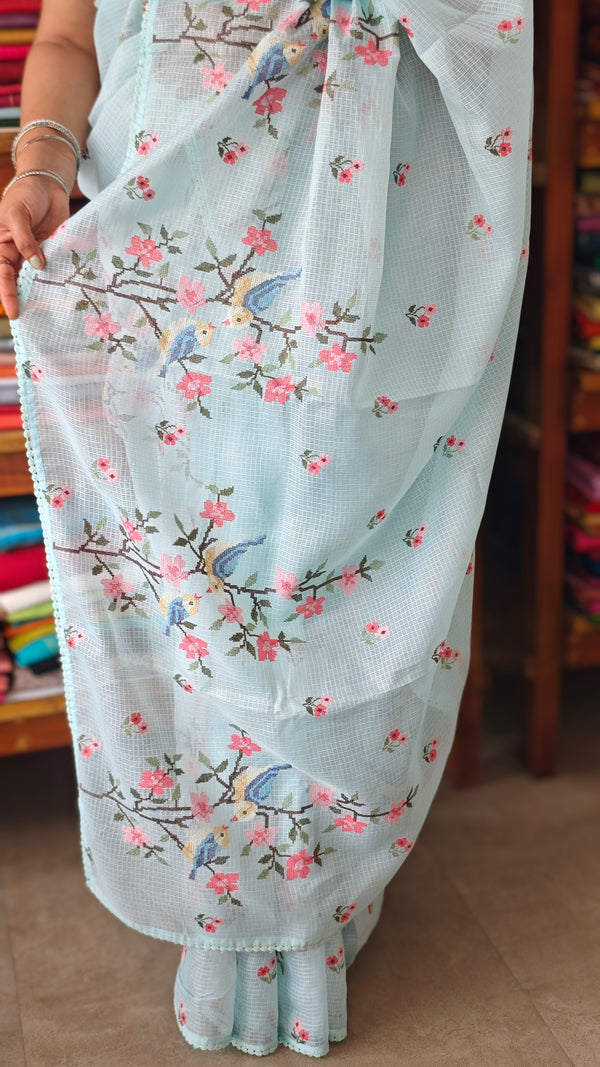 Aqua Blue Silky Kota Cross Stitch Embroidered Saree - SKC5
