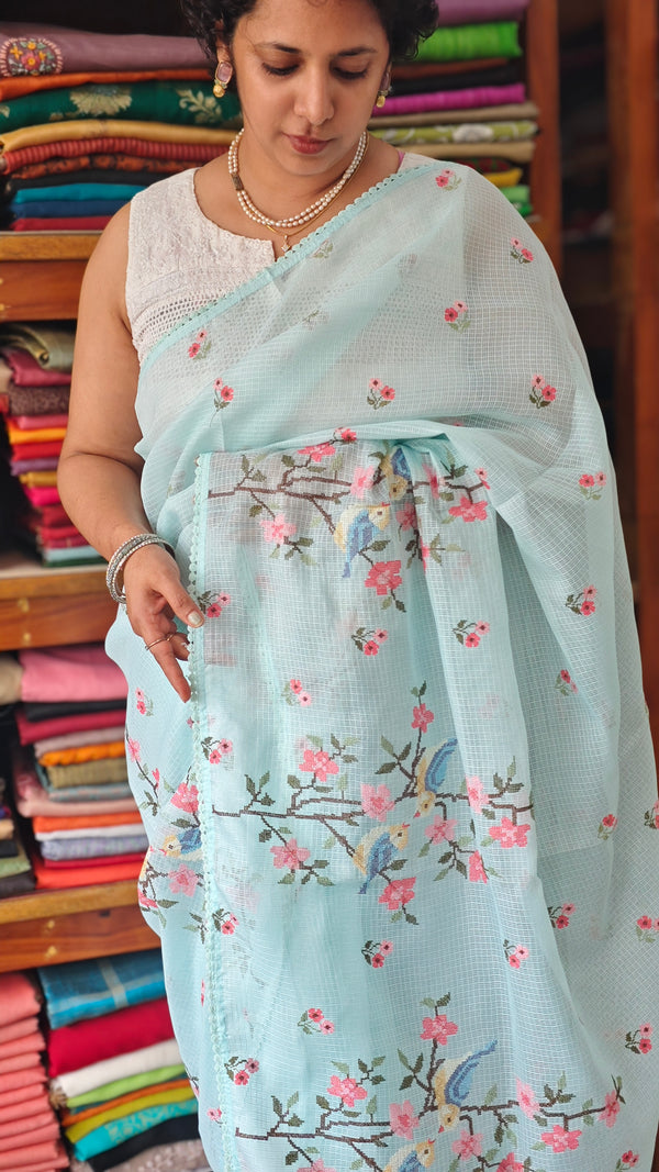 Aqua Blue Silky Kota Cross Stitch Embroidered Saree - SKC5