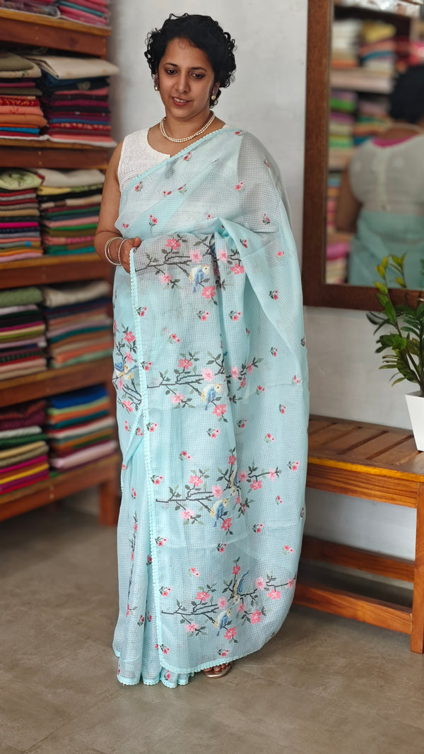 Aqua Blue Silky Kota Cross Stitch Embroidered Saree - SKC5