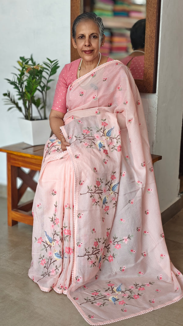 Pink Silky Kota Cross Stitch Embroidered Saree - SKC5