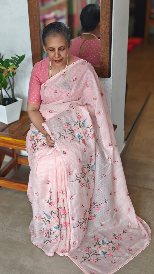 Pink Silky Kota Cross Stitch Embroidered Saree - SKC5