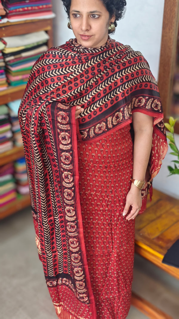 Red Ajrakh Printed Modal Silk Suit