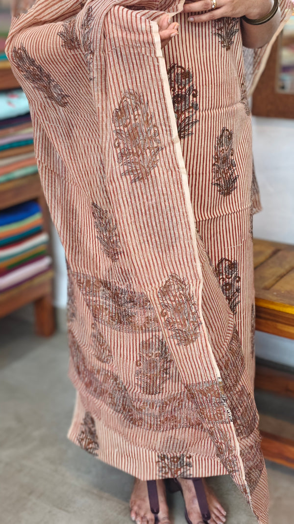 Brown block printed cotton suit with kota doria dupatta