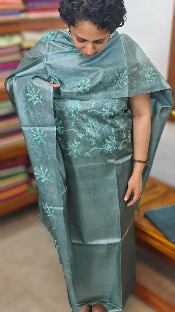 Turquoise Embroidered Tussar Silk Suit