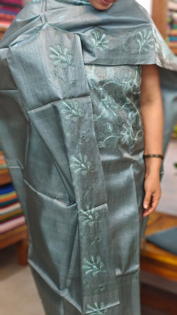 Turquoise Embroidered Tussar Silk Suit