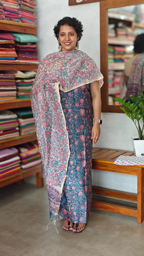 Peacock Blue Floral printed Chanderi Silk Suit - MC059