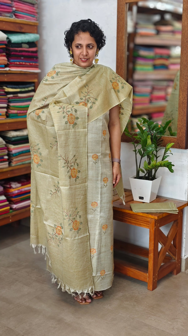 Pista Beige Cross Stitch Embroidered Semi Tussar Suit - MTV6 - C11