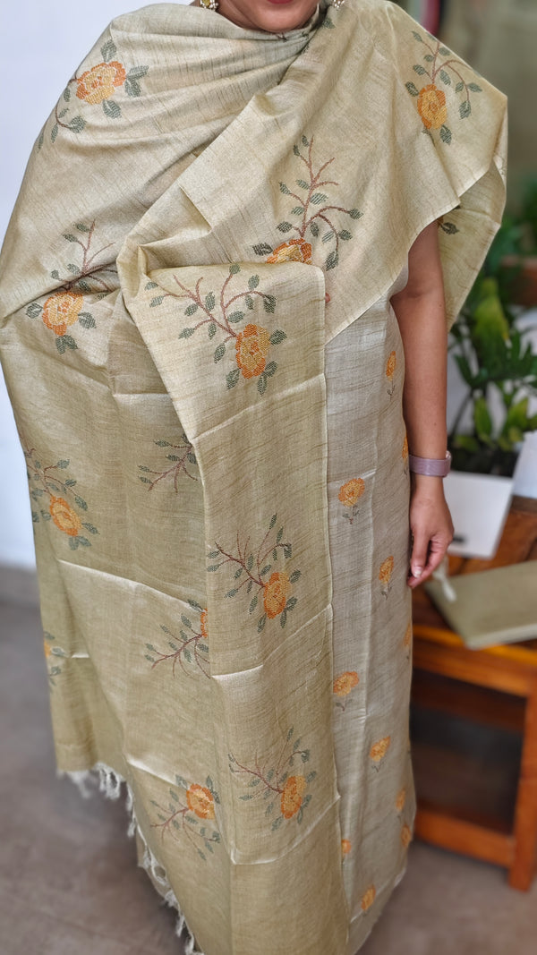 Pista Beige Cross Stitch Embroidered Semi Tussar Suit - MTV6 - C11