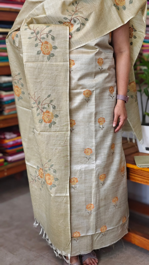Pista Beige Cross Stitch Embroidered Semi Tussar Suit - MTV6 - C11