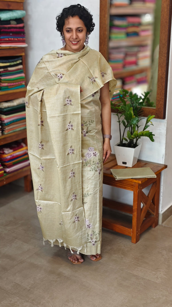 Sandy Beige Cross Stitch Embroidered Semi Tussar Suit - MTV6 - G3