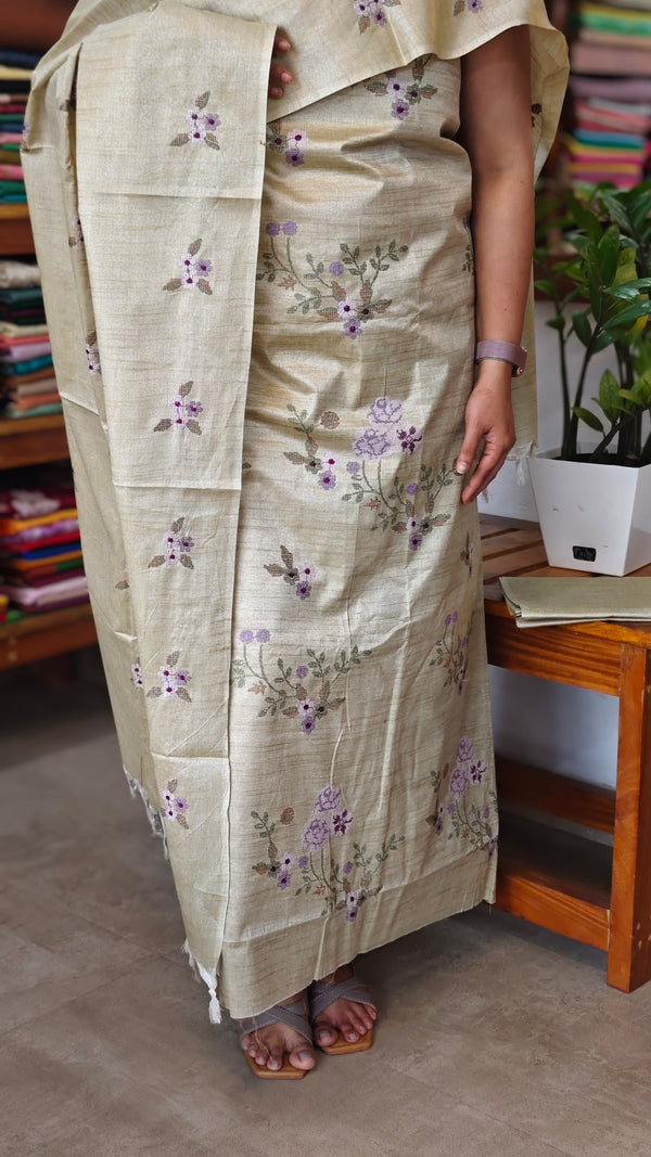 Sandy Beige Cross Stitch Embroidered Semi Tussar Suit - MTV6 - G3