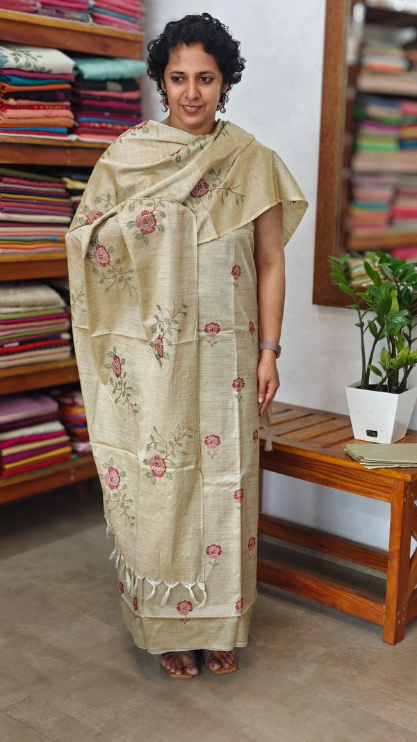 Sandy Beige Cross Stitch Embroidered Semi Tussar Suit - MTV6 - U4