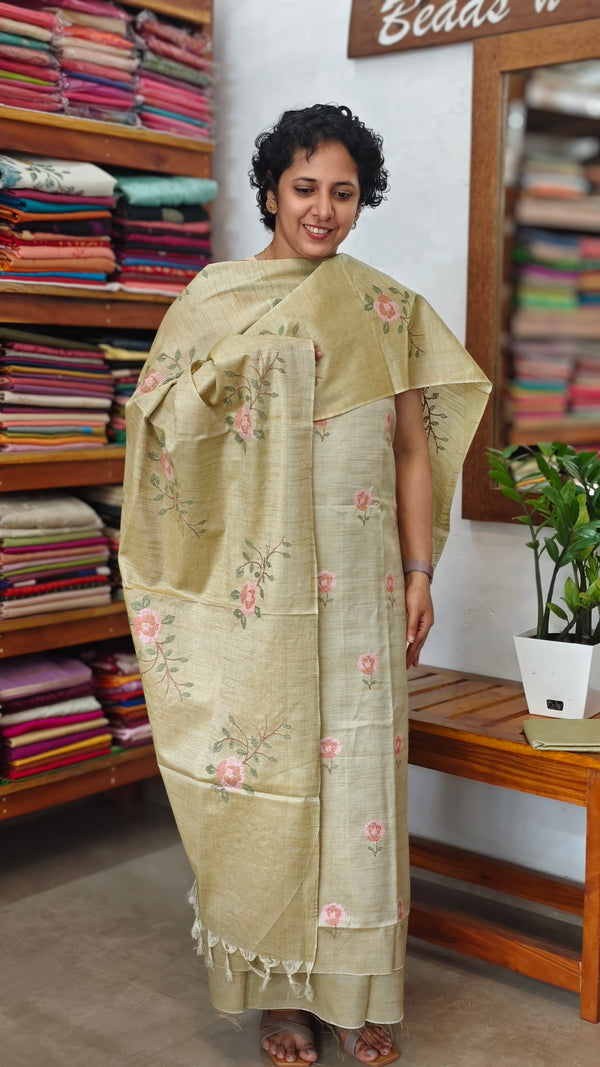 Sandy Beige Cross Stitch Embroidered Semi Tussar Suit - MTV6 - AM8