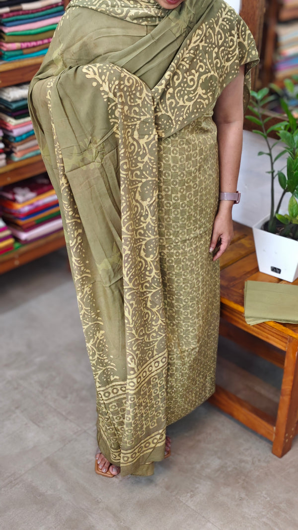 Olive Green Block Printed Modal Cotton Suit