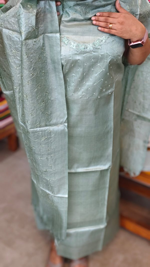 Teal Green Hand embroidered Tussar Silk Suit