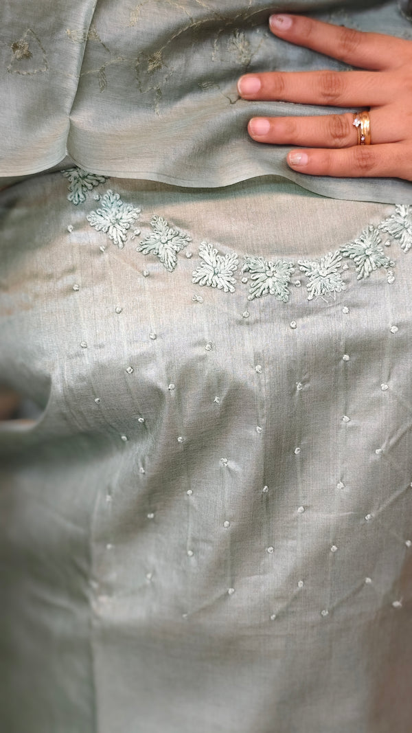 Teal Green Hand embroidered Tussar Silk Suit