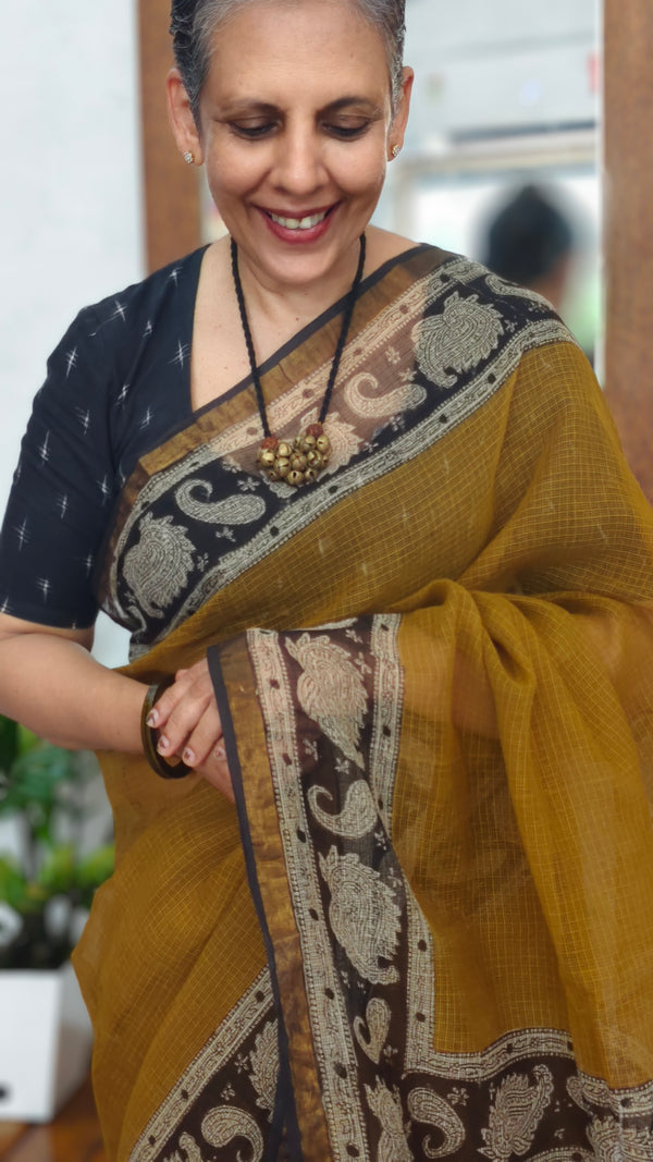 Mustard and black kota doria Saree - SQ39