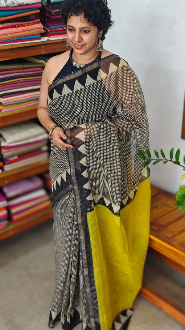 Black and Mustard Yellow Kota Doria Saree - SQ39