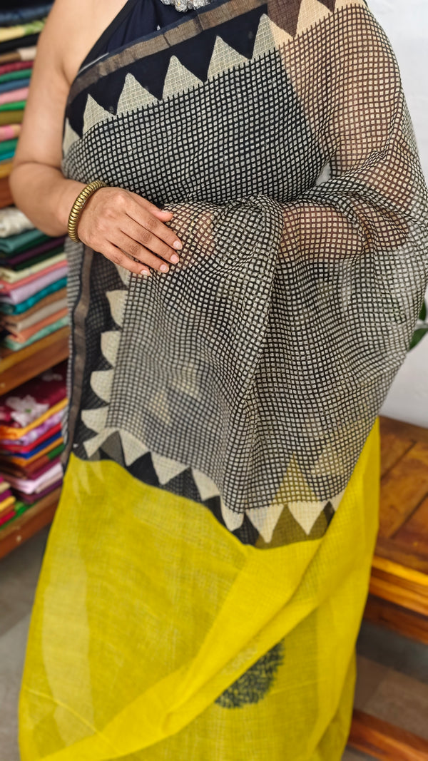 Black and Mustard Yellow Kota Doria Saree - SQ39
