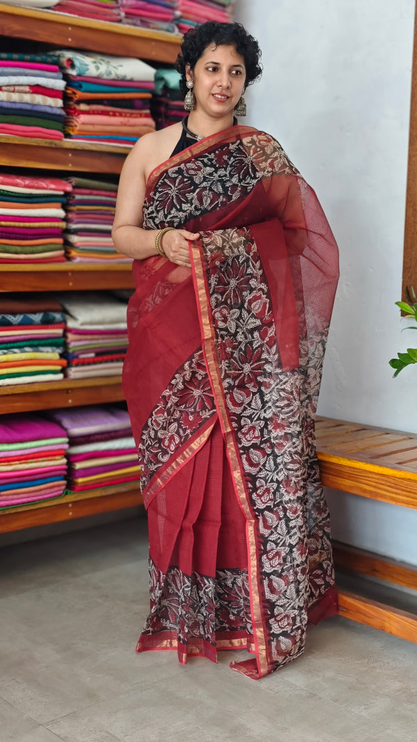 Maroon Kota Doria with Floral Block Print - SQ39
