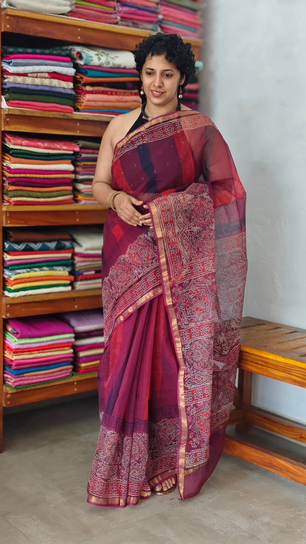 Red and pink Kota doria Saree with ajrakh prints - SQ39