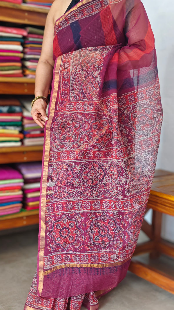 Red and pink Kota doria Saree with ajrakh prints - SQ39