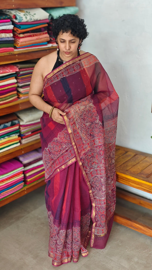 Red and pink Kota doria Saree with ajrakh prints - SQ39