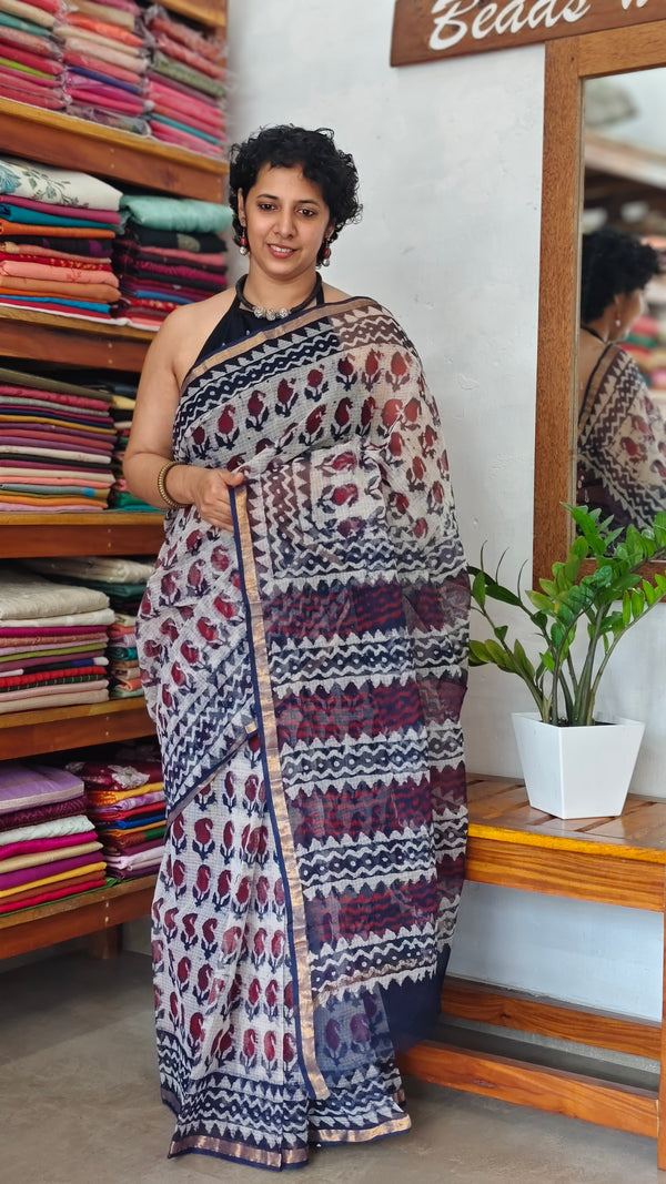 Off White and Indigo Kota Doria Saree - SQ39
