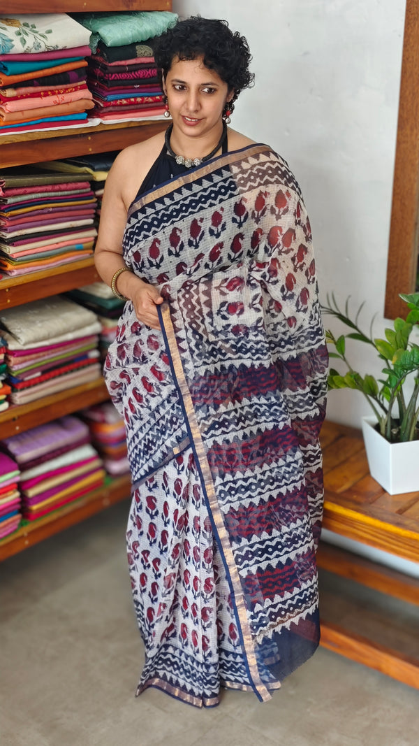 Off White and Indigo Kota Doria Saree - SQ39