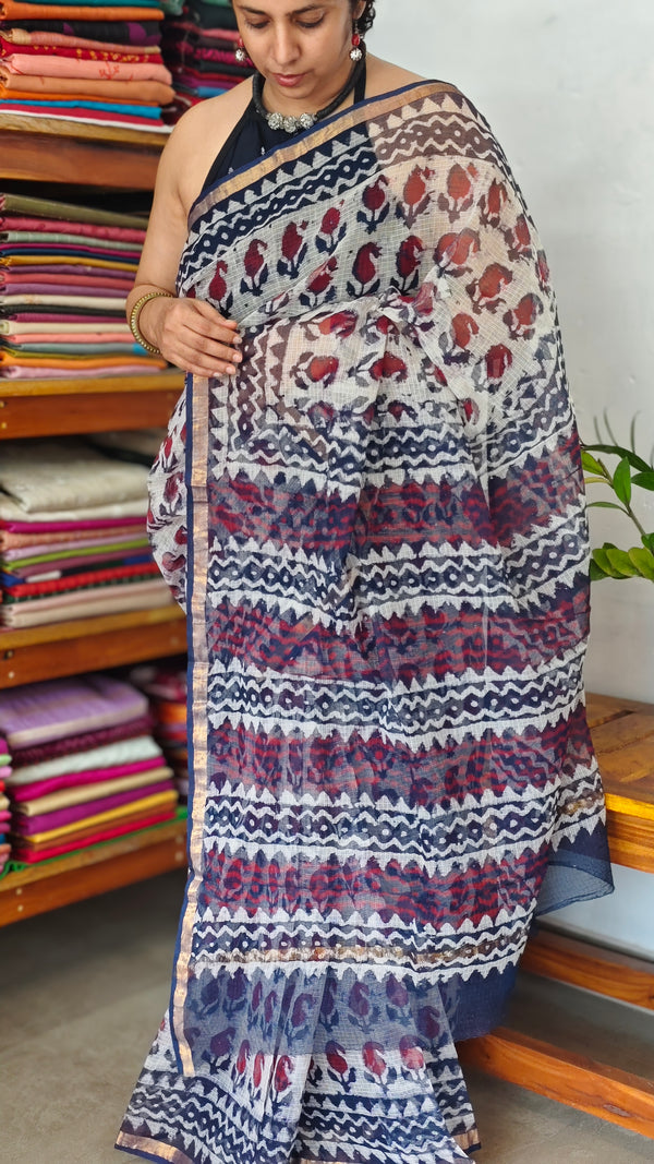 Off White and Indigo Kota Doria Saree - SQ39